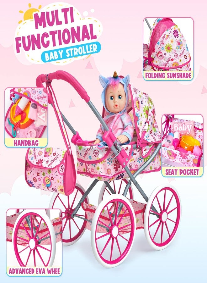 Golray 12 in Baby Doll Toys Set with Stroller for 3 4 5 6 Year Old Girl - 26pcs Babydoll with Accessories Quilt Pillow/Highchair/2 Clothes, Feeding Nursing Pretend Play Toddler Girl Toy Gift 3-5-7 - Image 4